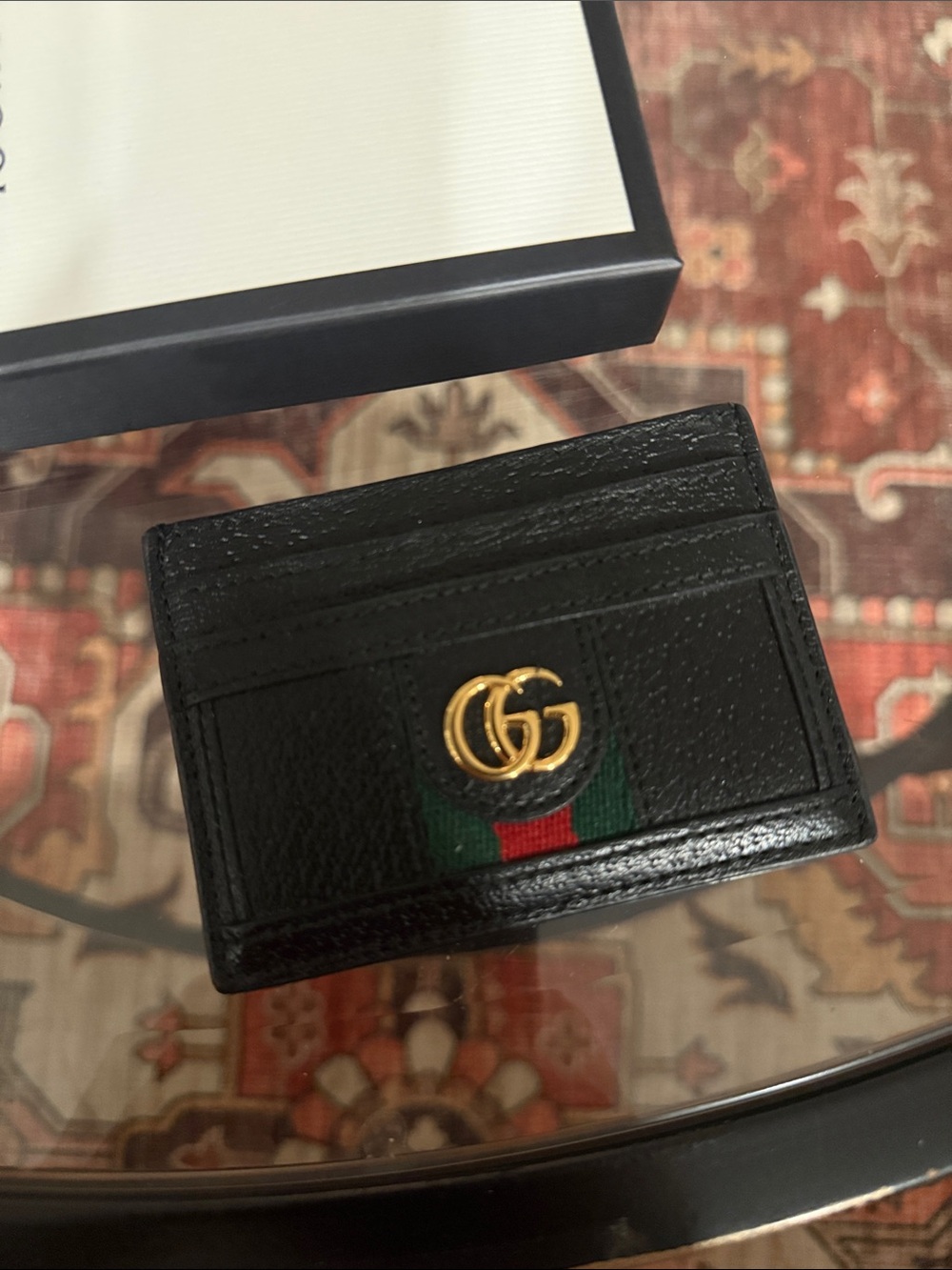 Gucci Black Leather Card Holder with Green-Red Web and Gold GG Logo - Picture 2 of 6